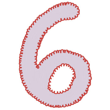 Cute purple hand-drawn number six with a red frilly curly border