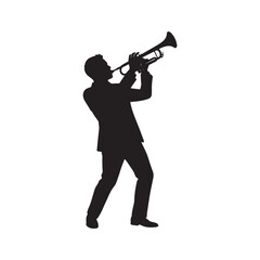 Jazz trumpet player silhouette, professional musician playing brass instrument vector, black man performing jazz music on white background © Graphics