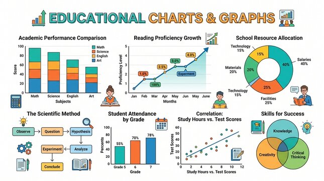 Comprehensive educational charts and graphs illustrating academic performance, reading growth, resource allocation, scientific method, and student data.