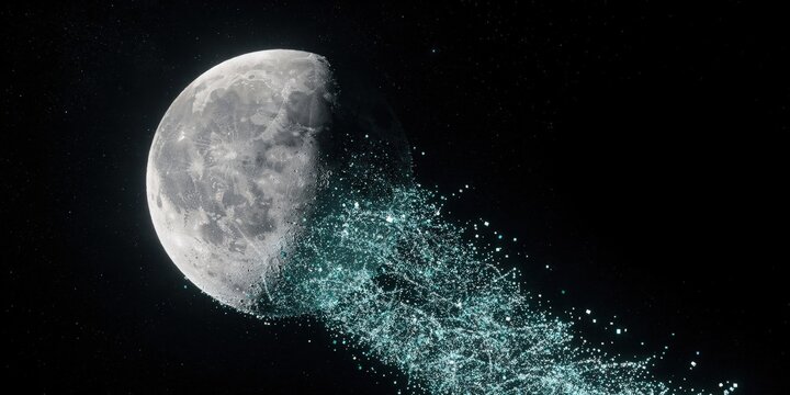 Mystical half moon dissolving into a sparkling stream of glowing green cosmic dust particles