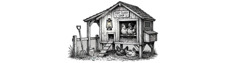 Vintage Chicken Coop Sketch with Farm Animals © cekcok