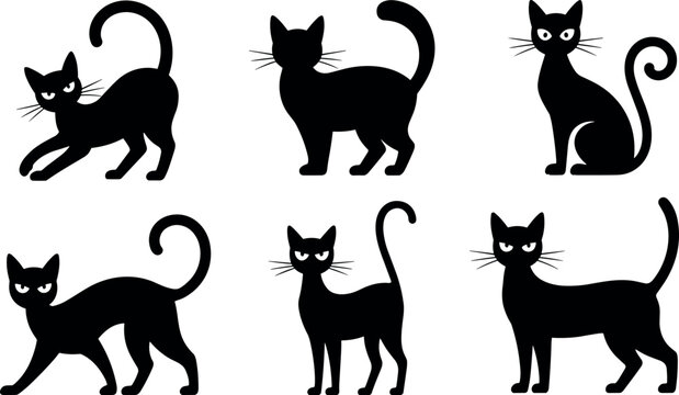 Black cat vector silhouette collection featuring spooky feline characters in various poses for Halloween party graphic designs