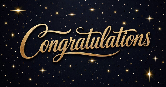 Elegant golden congratulations text with shining stars around isolated on transparent background