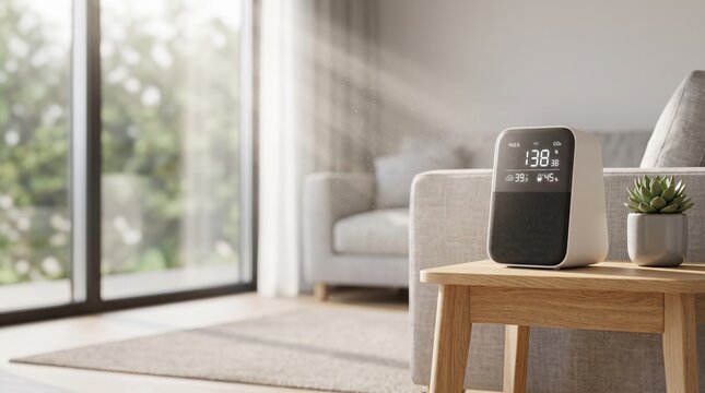 Air Quality Monitor On Wooden Table Interior Scene Rendering