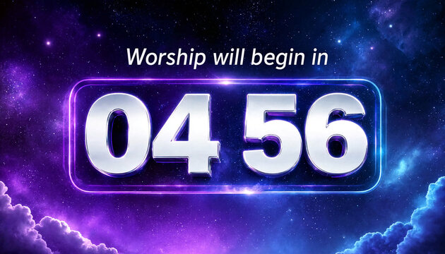 Futuristic digital countdown timer showing worship will begin soon in cosmic space background