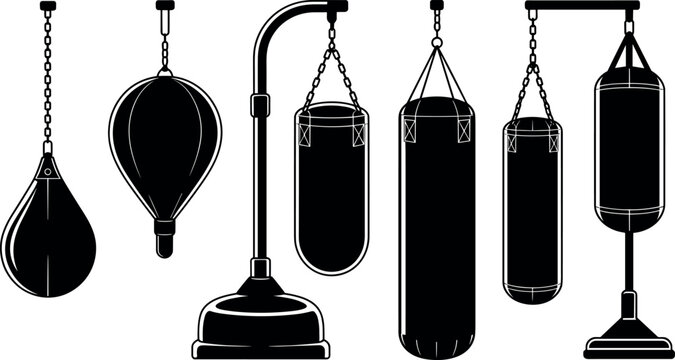 Punching bag vector silhouette collection featuring boxing speed bags and heavy equipment for gym workout logo designs