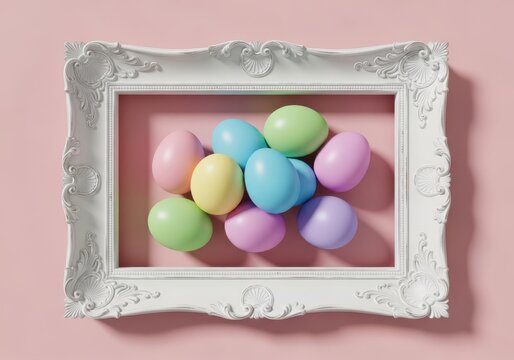 Pastel easter eggs in decorative white frame on pink background