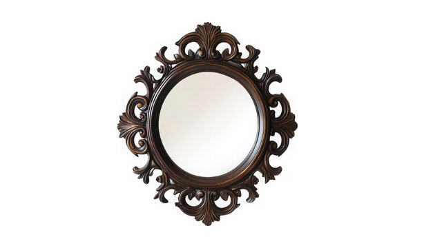 Ornate round mirror with antique bronze decorative frame with traditional on transparent background