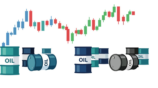Crude oil market volatility with financial candlestick chart and fuel barrels flat vector illustration for energy trading platforms