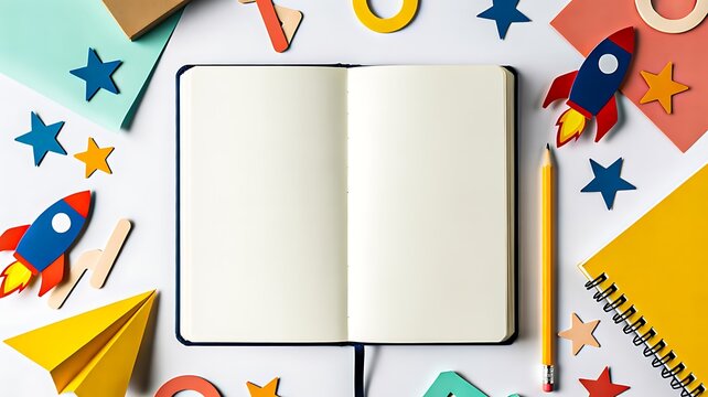 Blank open notebook mockup surrounded by colorful school supplies on creative workspace