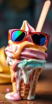 Melting ice cream drips from a colorful cone as trendy shades sit atop the messy treat, drippy, summer vibes