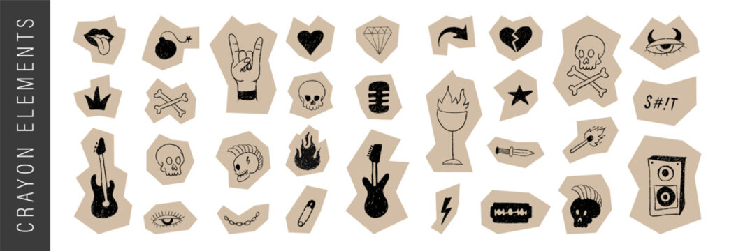 Punk scribble doodle. Cut out dark emo charcoal stickers. Chalk textured skulls. Vector scrapbook collage.