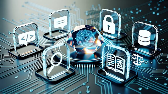 Digital cybersecurity and data technology network with connected icons for modern information security