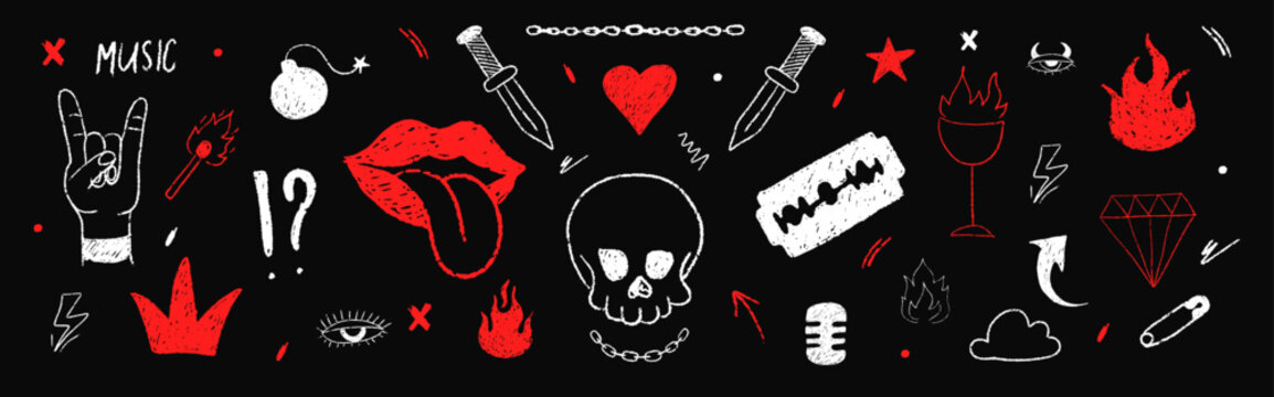 Hand drawn red emo art. Charcoal skulls. Chalk smudge textures and gothic punk chaos. Vector rock music collage on black background.