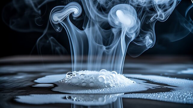  White powder with rising smoke on dark background abstract scientific concept