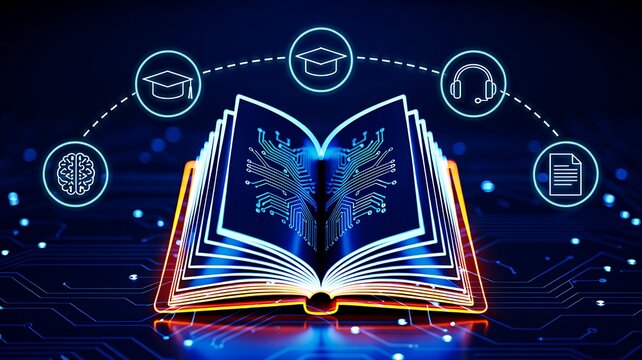  Digital open book with online learning and education technology concept