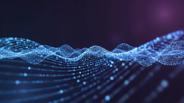 Swirling digital particles forming glowing blue waves on dark background
