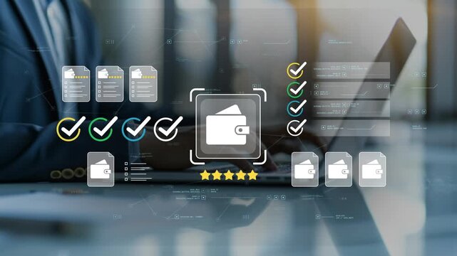 Businessman in modern office managing financial records with animated digital wallet icon, cash flow monitoring, budgeting dashboard and enterprise finance management software