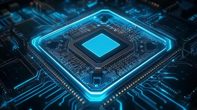 Close-up of a glowing computer microchip on a circuit board