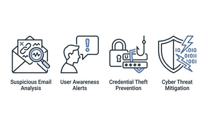 Cybersecurity icons for email analysis user awareness credential theft and threat mitigation. © Kerajaan