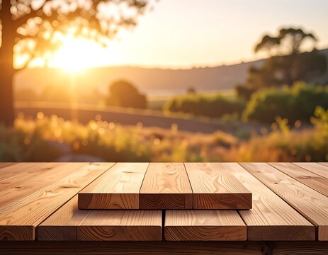 Wooden table top with natural scenery.