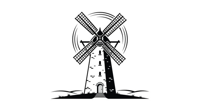 Black and white windmill icon on white background