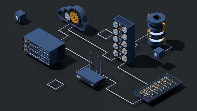 3D isometric cloud technology with server animation. Isometric server and hosting storage technology. Web hosting concept. Isometric technology. 4K video animated in isometric style