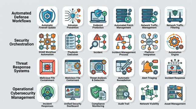 Cybersecurity icons for automated defense security orchestration threat response and operational management.