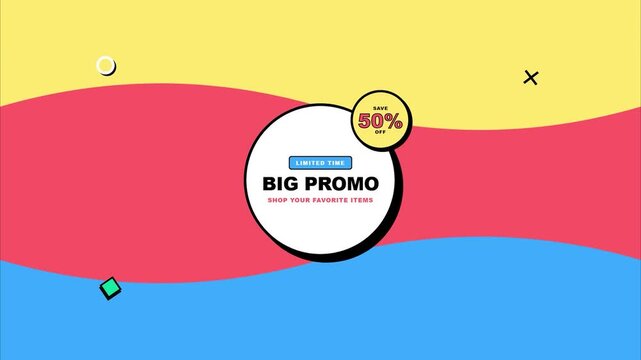 Big Promo 50 Percent Off Animated Discount Banner Flat Minimal Colorful Geometric Motion Graphic Marketing Sales Social Media Advertisement Background