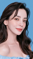 Fototapeta premium Asian woman portrait beauty portrait young woman natural makeup long dark hair blue background studio portrait female face skin care elegant smile
