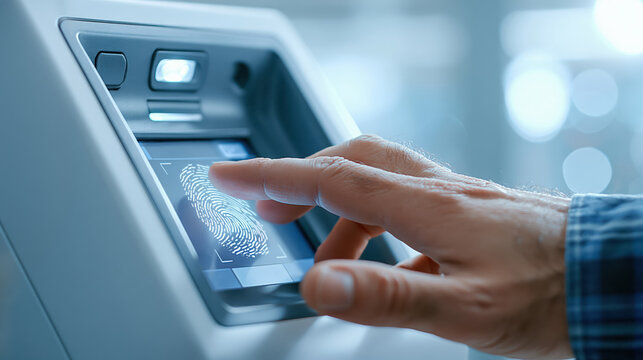 Finger touching biometric scanner on security terminal with glowing fingerprint screen and blue light in modern office