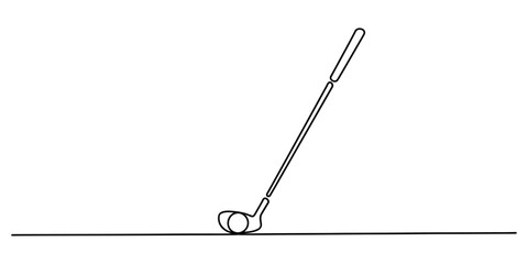 Continuous single line drawing of a golf club hitting a golf ball on the ground representing a sports game or professional tournament equipment design © Ratna Art_Gallery