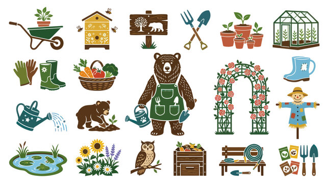 Stylized Vector Gardening Icons Set with Garden Tools, Nature Elements, and Farm Animals Illustration