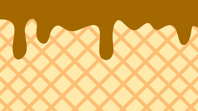 Wafer texture with creamy chocolate icing drips. Chocolate ice cream waffle texture background. Flowing sweet drips over crunchy waffle biscuit surface. Chocolate melted on a waffle background