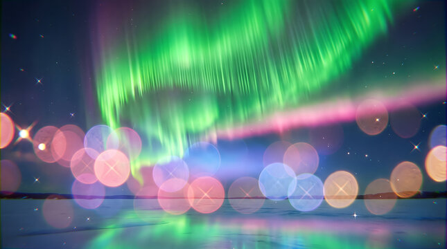 Vibrant Green and Pink Aurora Borealis Northern Lights Display Over City Bokeh Reflections