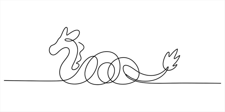 Continuous single line drawing of a cute mythical dragon character with a long tail in a simple minimalist art style for creative design projects