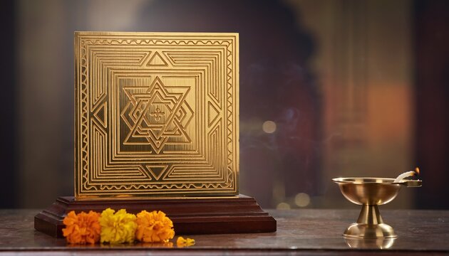 A gold-plated Vastu Yantra, etched with sacred geometric patterns, used for attracting wealth, prosperity, and success. Perfect for placing in homes, offices, or temples