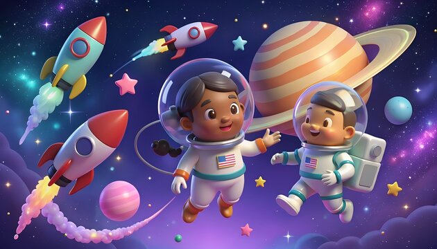 Children astronauts floating in space, colorful planets, playful rockets, bright cartoon style, 3D animated look
