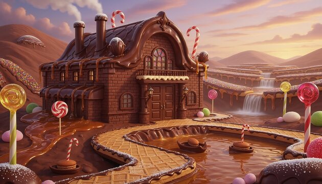 Chocolate factory facade in fantasy world, background with chocolate building