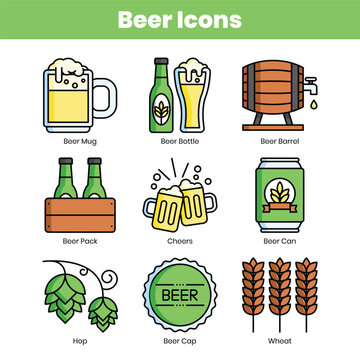 Flat beer icons set with different beer items