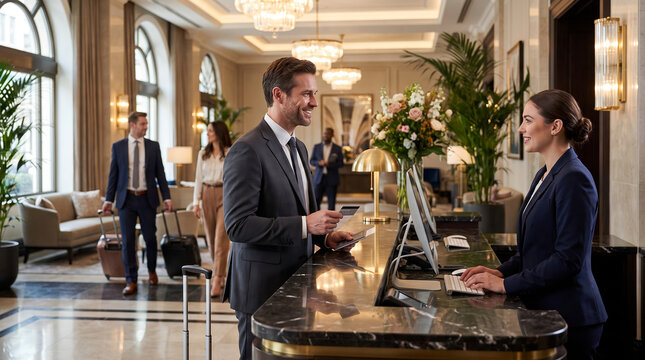 Businessman wearing formal suit, with passport and credit card in hand, checking in at reception counter, inside elegant hotel lobby, business travel photography