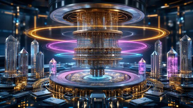 Futuristic quantum computer with glowing crystal structures and digital rings