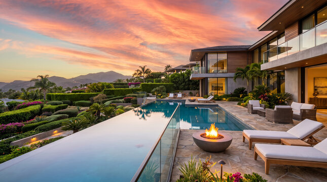 Modern luxury villa exterior, with infinity pool and outdoor fire pit, overlooking landscaped garden, during vibrant sunset sky, architectural photography