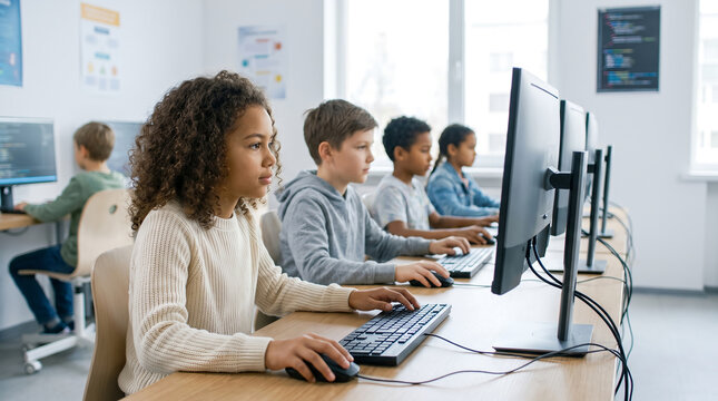 Diverse young school students, with desktop computer screens, typing on keyboard during class, inside modern bright classroom, education photography