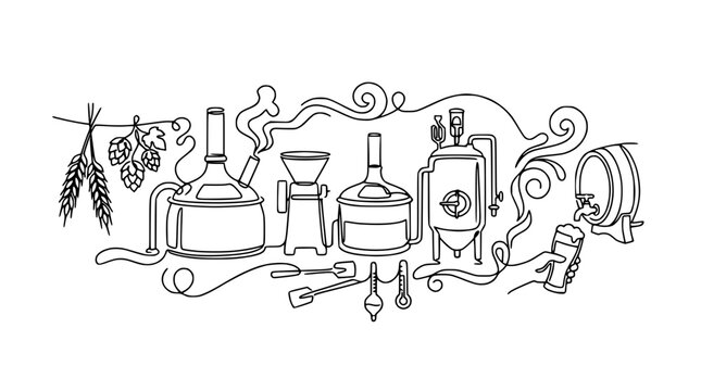 Craft Beer Brewing Process Line Art Illustration: Ingredients, Equipment, and Pouring