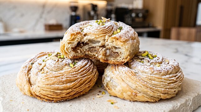 Azerbaijani Badambura pastries featuring spiral butter layers filled with ground almonds inside ivory stone board