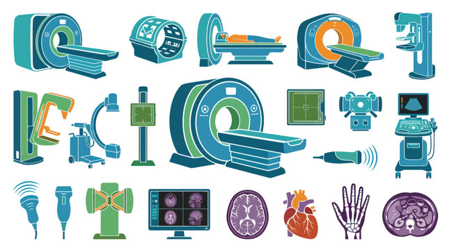 Medical Diagnostic Imaging Equipment Flat Vector Icons. MRI, CT Scan, Ultrasound, X-ray, Mammography  Human Anatomy.