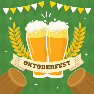 Oktoberfest beer mugs with wheat and flags illustration