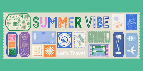 summer vibe travel stickers colorful retro style vacation theme holiday design illustration art vector graphics beach icons palm tree airplane sunflower tropical plants © Ramendranath
