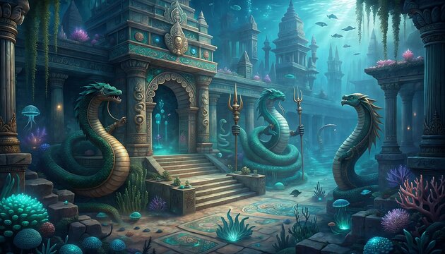 Image of Nagaloka, the ancient Indian city of snakes underwater as mentioned in the Indian epic Mahabharata